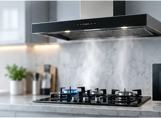 Modern kitchen with chimney, gas hob and microwave